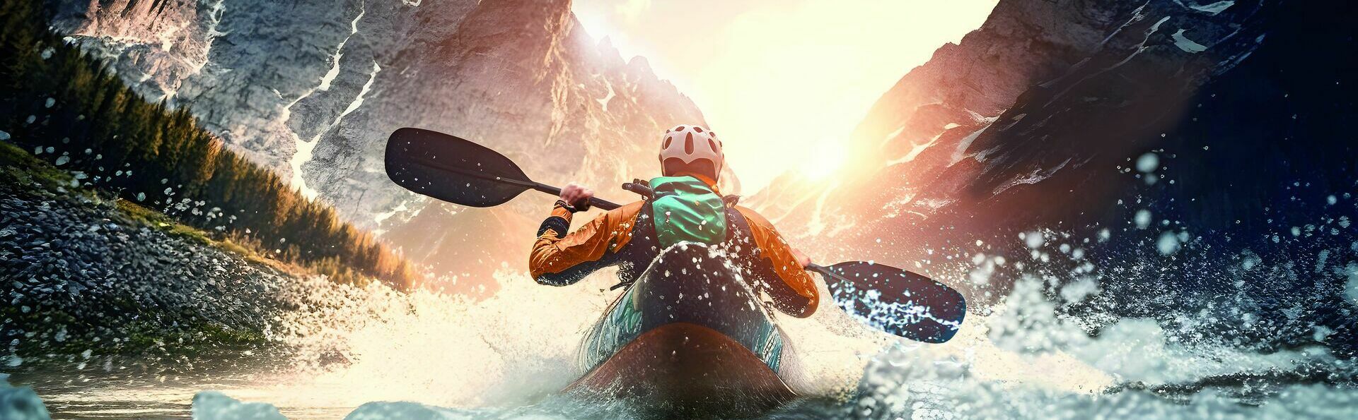 Rafting Extreme sport kayak sails mountain river with sun light,