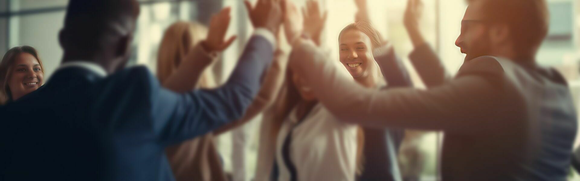 Blurred image of a diverse business team happily celebrating success and having fun together, high-fiving and cheering.