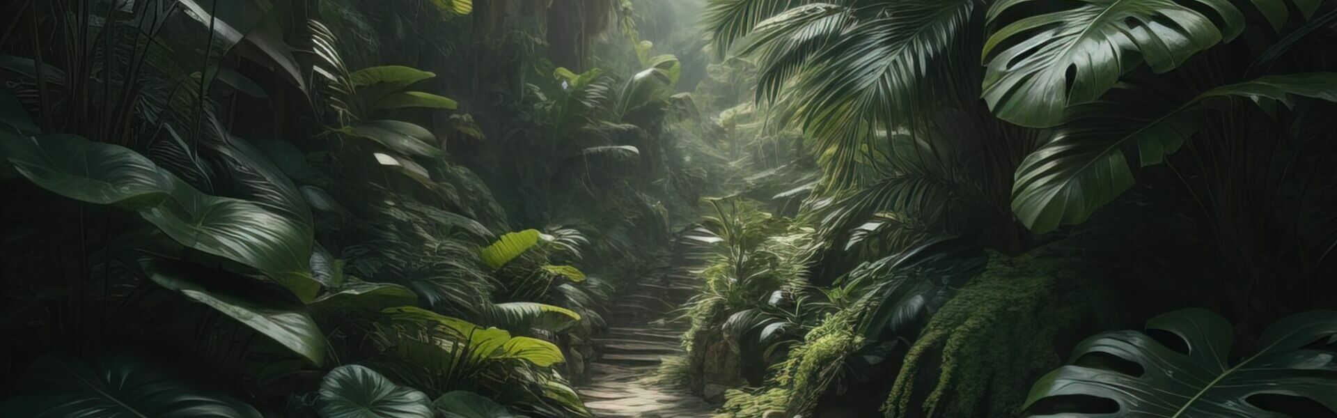 A pathway in tropical rainforest with palm trees and path in the mist. ai generative